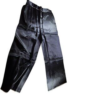 Womens Black Satin Wide-Leg Pajama Pants With Elastic Waistband